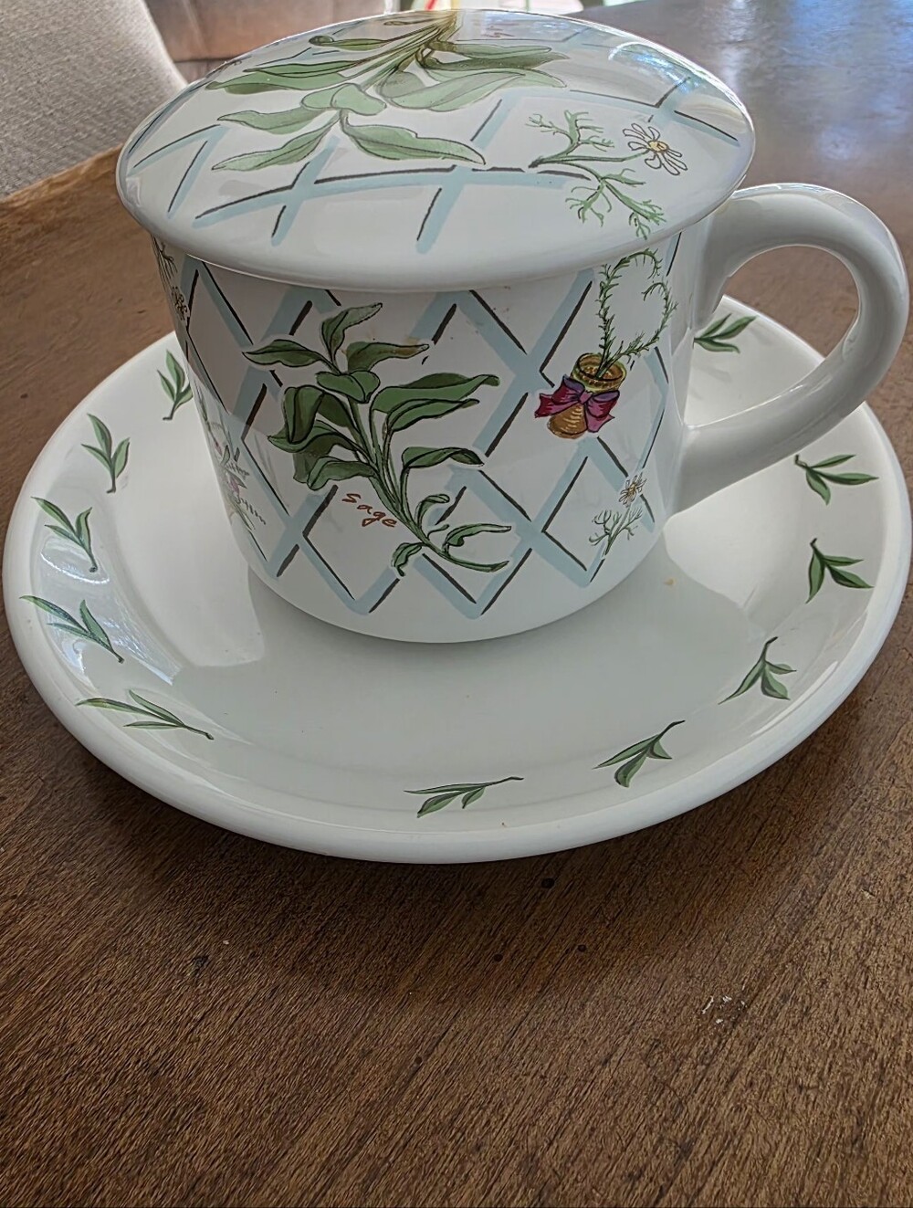 Studio Ceramic Lidded Tea Mug and Saucer in White with Green Botanical Design